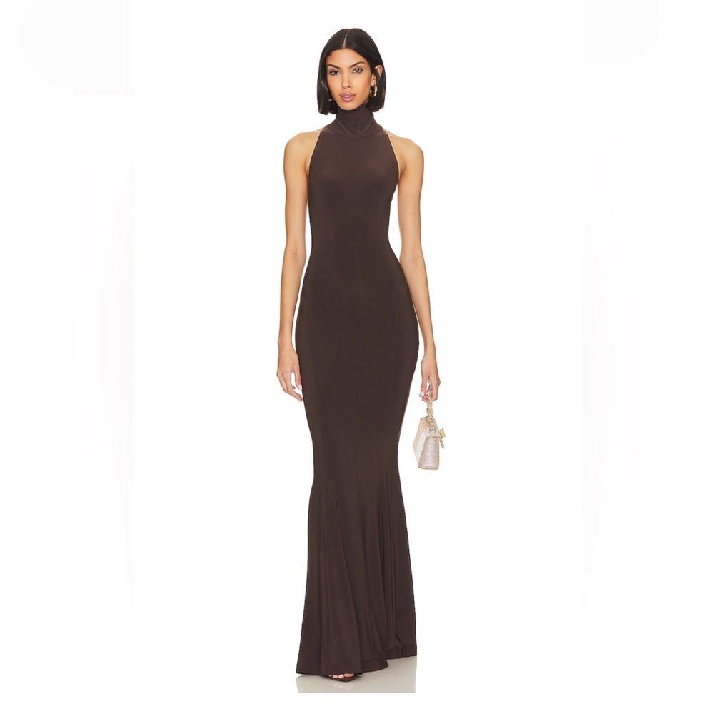 Norma Kamali Halter Turtle fishtail gown size xs color chocolate